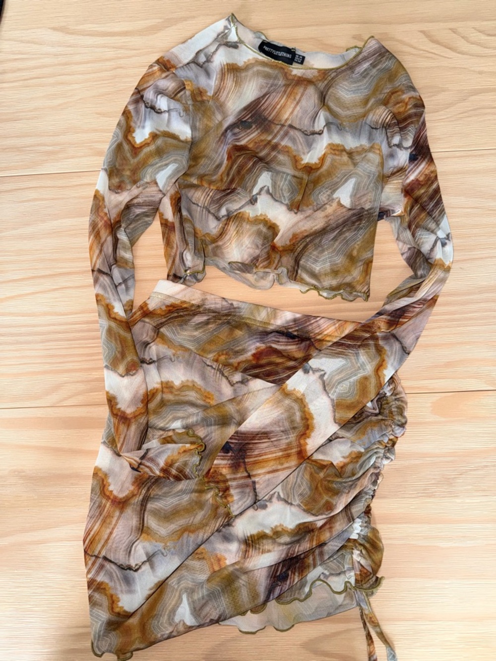 PrettyLittleThing Brown and Cream Marble Mesh Two-Piece